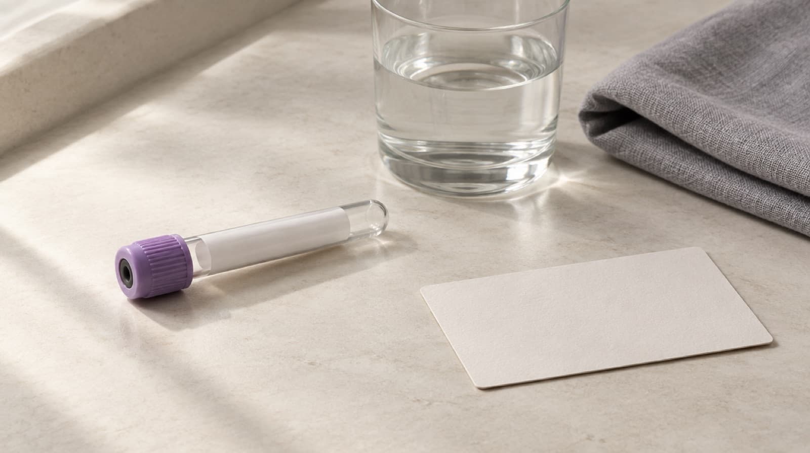Unbenutztes Blutentnahmeröhrchen mit lila Kappe, Glas Wasser, gefaltetes graues Tuch und eine unbeschriftete Karte auf heller Fläche