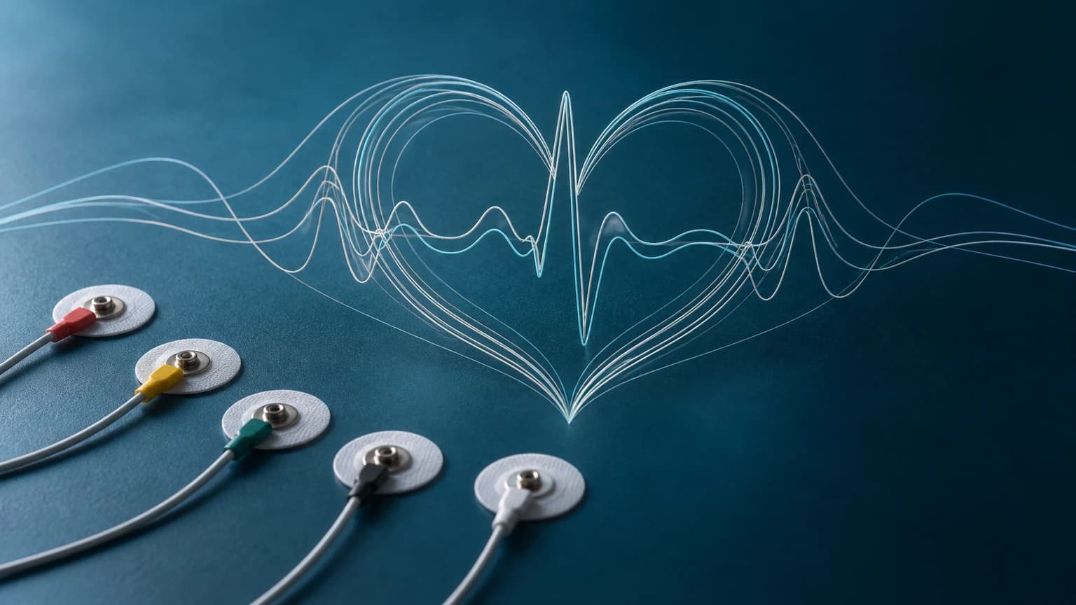 Abstrakte, nicht-diagnostische Darstellung elektrischer Herzsignale und neutraler Elektrodenpunkte.