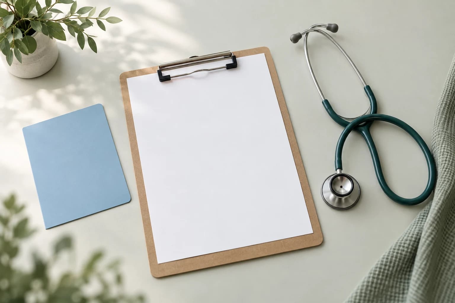 Neutrales Stillleben mit unbeschriftetem Klemmbrett, blauer Kartenform und Stethoskop zur Gesundheitsvorsorge.