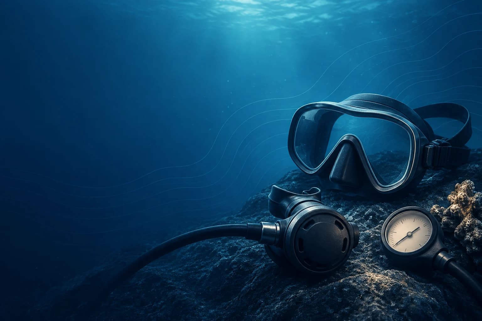 Unbeschriftete Tauchmaske, Atemregler und Manometer unter Wasser als sachliche Illustration zum Sporttauchen.