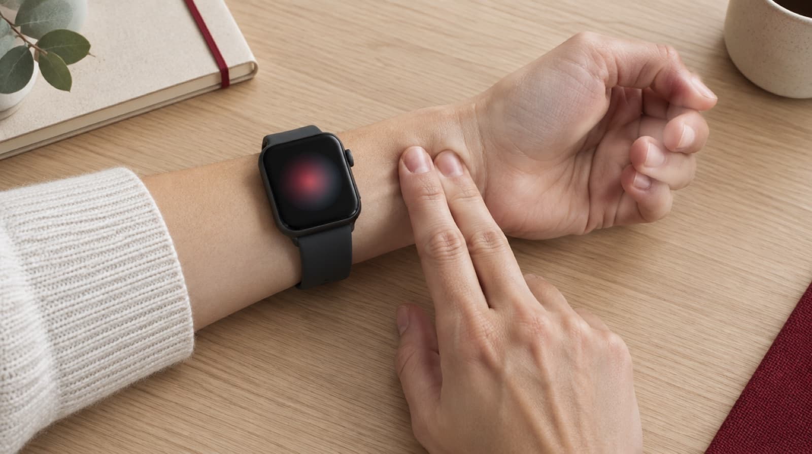 Handgelenk mit Smartwatch ohne lesbare Anzeige, zwei Finger der anderen Hand ertasten den Puls