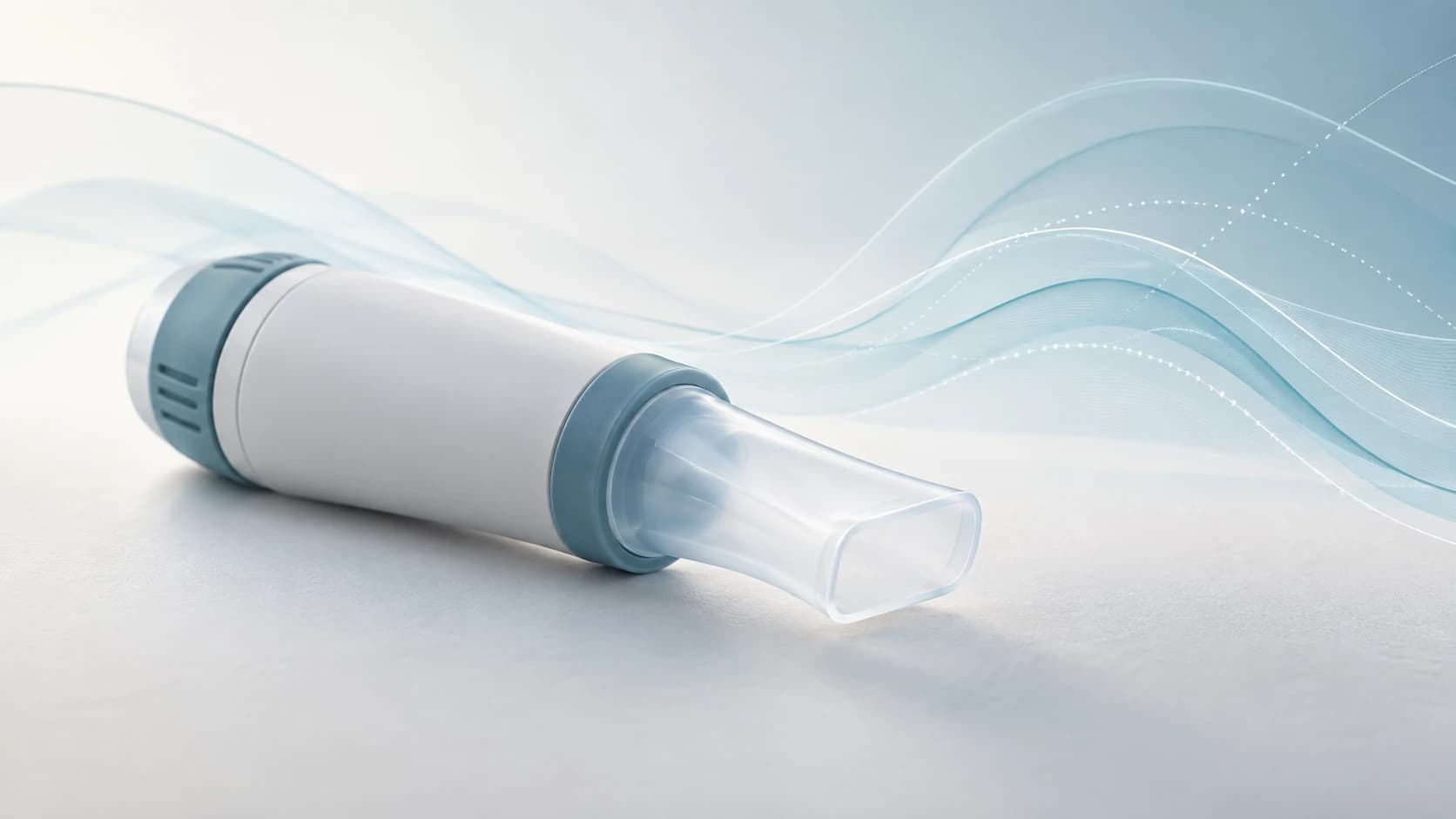Abstrakte, nicht-diagnostische Darstellung von Atemflusslinien und einem neutralen Spirometer-Mundstück.